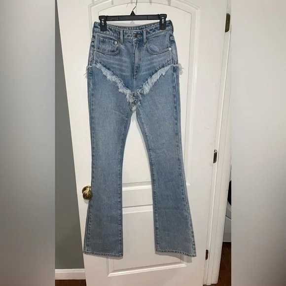 New! SER.O.YA Dahlia Western Frayed Fringe Blue Flare Jeans 🤠💙 size 26 - Picture 5 of 10